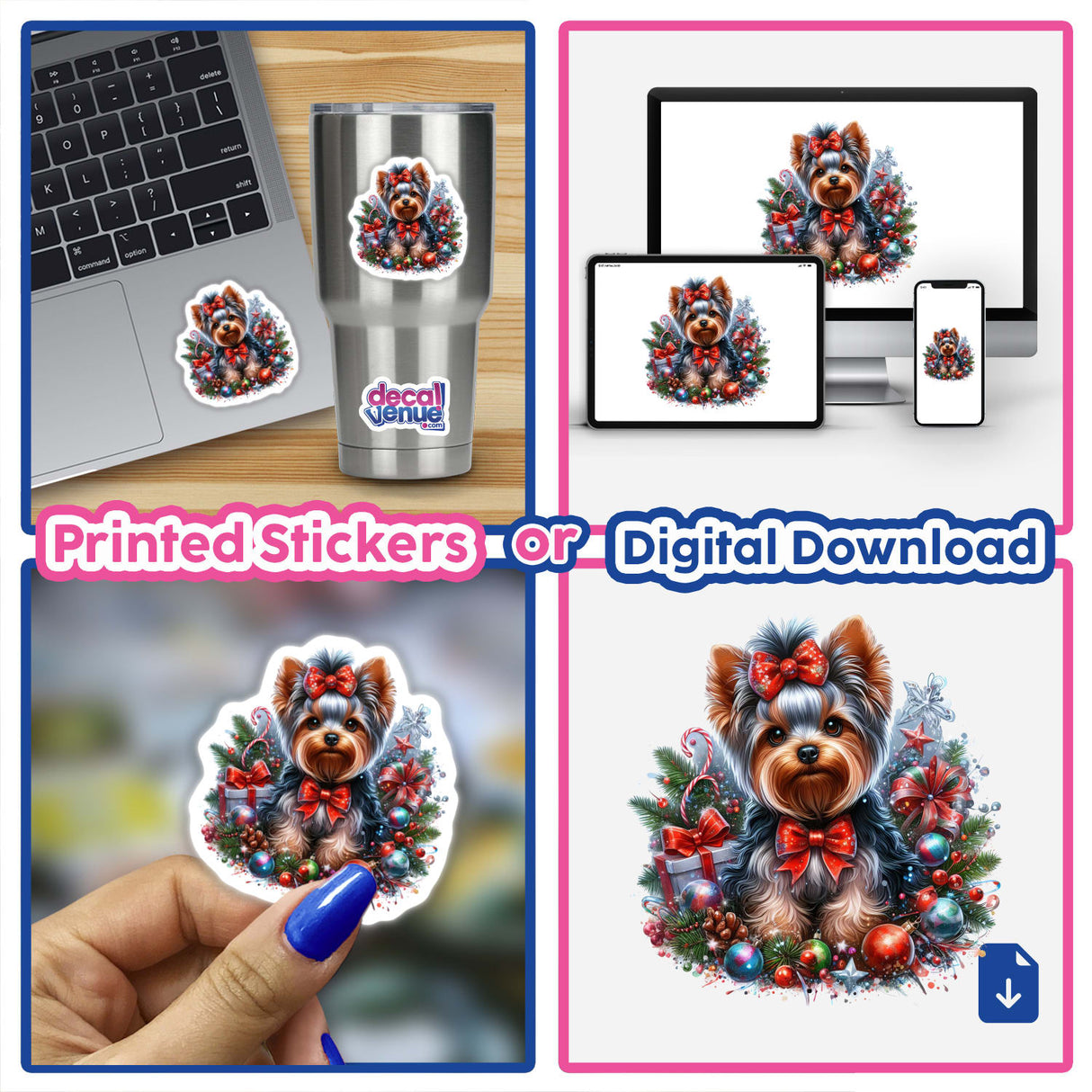 Christmas Yorkie Dog collage featuring a Yorkie with a bow tie, laptop with stickers, and various dog-themed ornaments, available as stickers or digital artwork from Decal Venue.