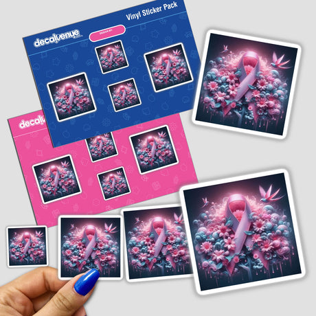 Hand holding Breast Cancer Silver Series 7 sticker pack, showcasing pink ribbons with flowers and birds, ideal for unique stickers and digital art enthusiasts.