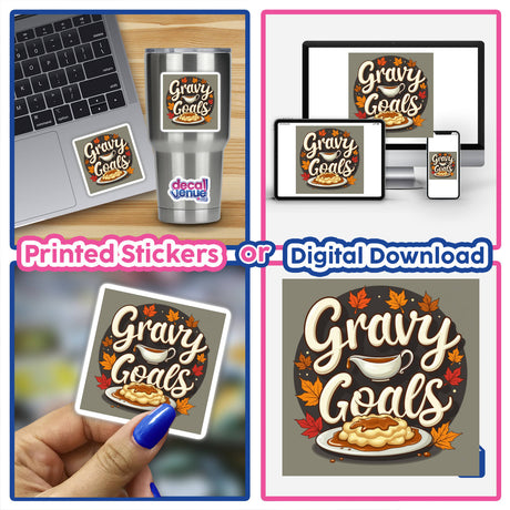 Gravy Goals Thanksgiving Sticker & Clipart featuring a laptop with a sticker. Part of Decal Venue's unique collection, available as stickers or digital artwork with commercial rights.