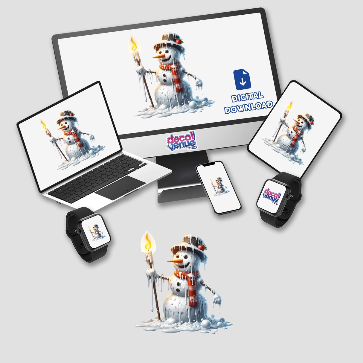 Melting Snowman with Candlestick Torch featured on a laptop screen, smartphone, and smartwatch, available as stickers or digital artwork.