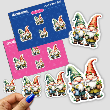 Cheerful Garden Gnomes with Flower-Adorned Hats sticker set featuring whimsical gnomes holding flowers and watering cans, perfect for adding playful charm to your space.