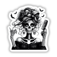 Skeleton Zombie Mama Spooky Hairdresser featuring a woman in a skeleton garment with a skull mask, holding a comb. Available as unique stickers or digital artwork from Decal Venue.