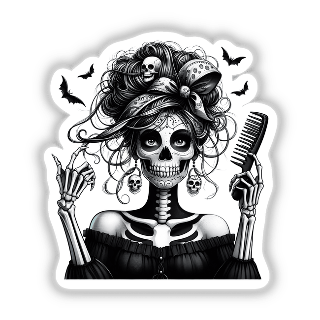 Skeleton Zombie Mama Spooky Hairdresser featuring a woman in a skeleton garment with a skull mask, holding a comb. Available as unique stickers or digital artwork from Decal Venue.