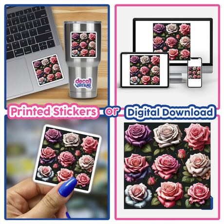 Beautiful Lush Roses vinyl stickers collage featuring floral designs, ideal for decorating laptops or personal items, available as stickers or digital artwork from Decal Venue.