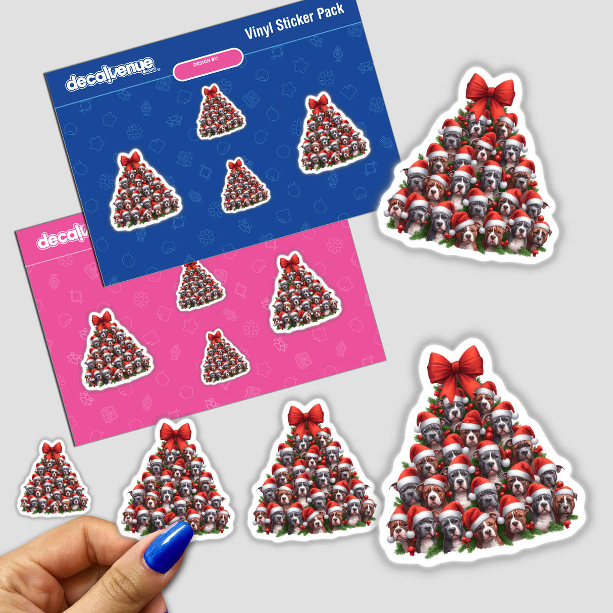 Sticker pack titled Christmas Tree Full of Pitbull Bully Dogs, featuring adorable pitbulls in Santa hats nestled within a Christmas tree. Available as stickers or digital artwork from Decal Venue.