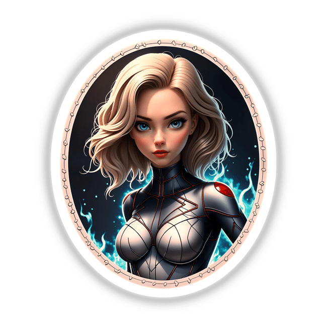 Cute Anime Superhero Girl cartoon, available as stickers or digital artwork, depicting a fictional character with expressive eyes and dynamic pose. Perfect for fans of unique vinyl art from Decal Venue.