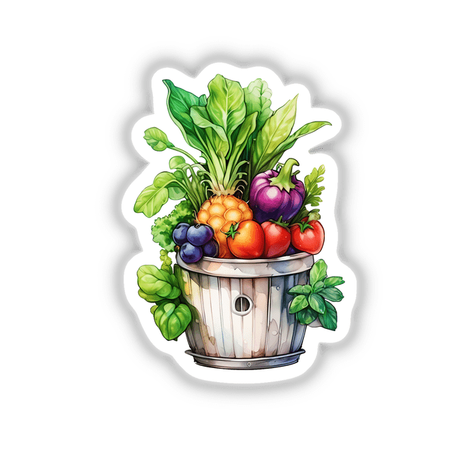 Colorful Vegetables in a Basket Sticker | Organic Farm Art: A detailed sticker featuring a basket filled with an assortment of fruits and vegetables, highlighting natural and local produce elements.