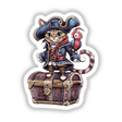 Pirate Cat with Treasure Chest and Parrot Companion illustration featuring a cat in pirate attire, alongside a parrot and chest. Available as stickers or digital artwork at Decal Venue.