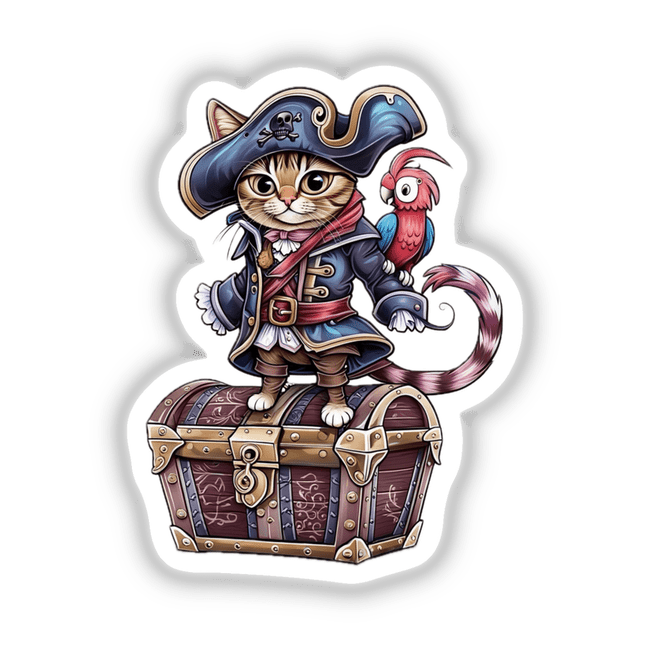 Pirate Cat with Treasure Chest and Parrot Companion illustration featuring a cat in pirate attire, alongside a parrot and chest. Available as stickers or digital artwork at Decal Venue.