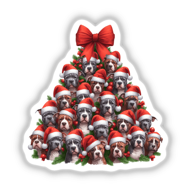 Christmas Tree Full of Pitbull Bully Dogs stickers or digital artwork, featuring a festive group of pitbulls wearing Santa hats, perfect for holiday decorations or digital design projects.