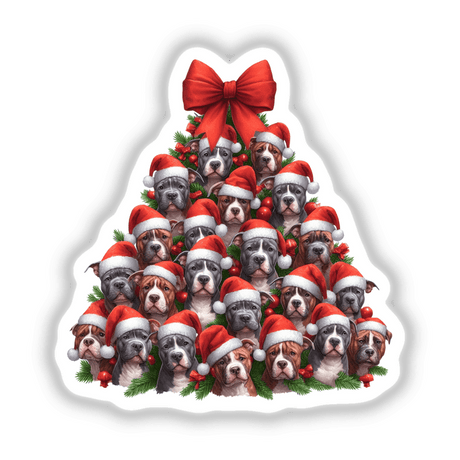 Christmas Tree Full of Pitbull Bully Dogs stickers or digital artwork, featuring a festive group of pitbulls wearing Santa hats, perfect for holiday decorations or digital design projects.