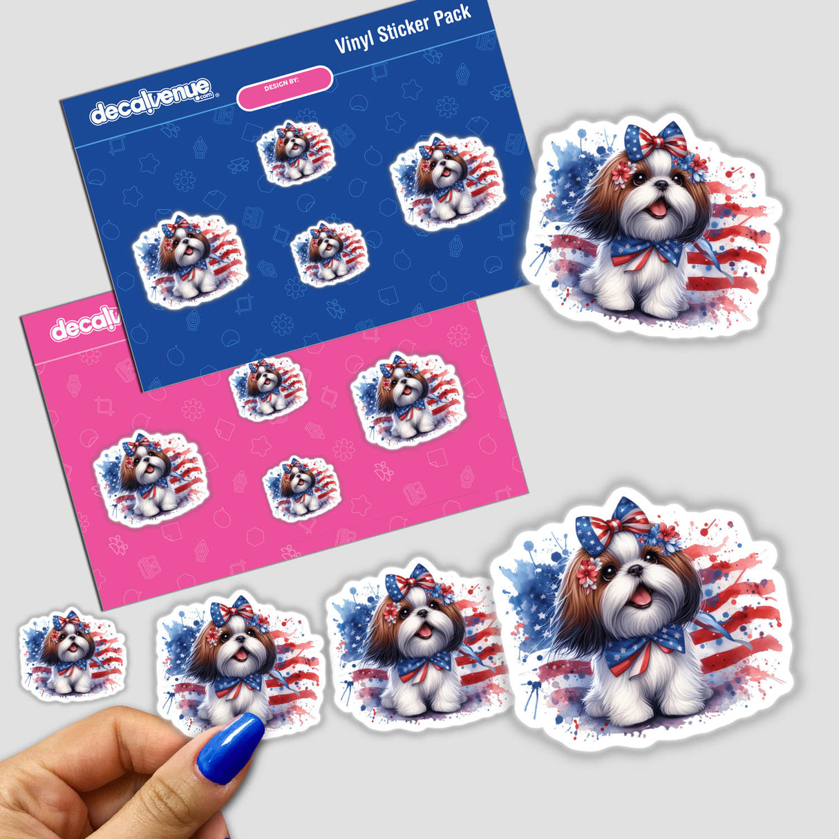 Patriotic Shih Tzu Dog American Flag Splatter sticker pack featuring a Shih Tzu with a bow and flowers, held in a hand.