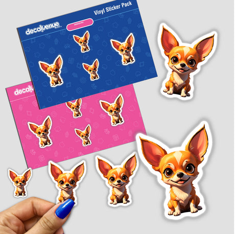 Cute Chihuahua cartoon stickers featuring big-eared dogs in various playful poses. Available as vinyl stickers or digital artwork from Decal Venue, known for unique and creative designs.