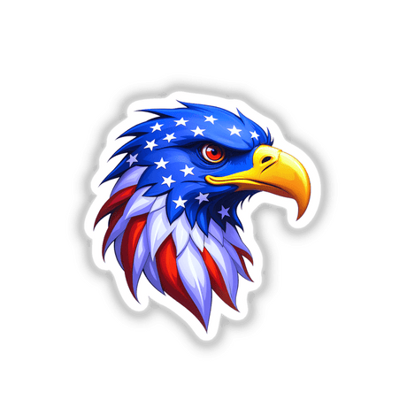 A cartoon eagle with stars and stripes, titled A Cool American Flag Eagle, available as stickers or digital artwork, showcasing patriotic themes with a focus on unique designs.