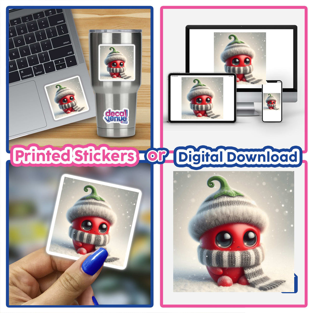 Chili Pepper sticker collage featuring a cartoon character with a hat and scarf, showcased on a laptop and keyboard, available as vinyl stickers or digital artwork from Decal Venue.