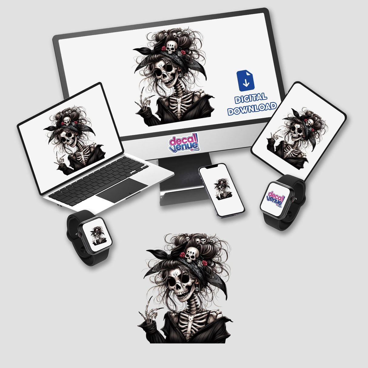 Social Skeleton Zombie Mama design, featuring a skeleton on a computer and laptop screen, available as unique stickers or digital artwork.