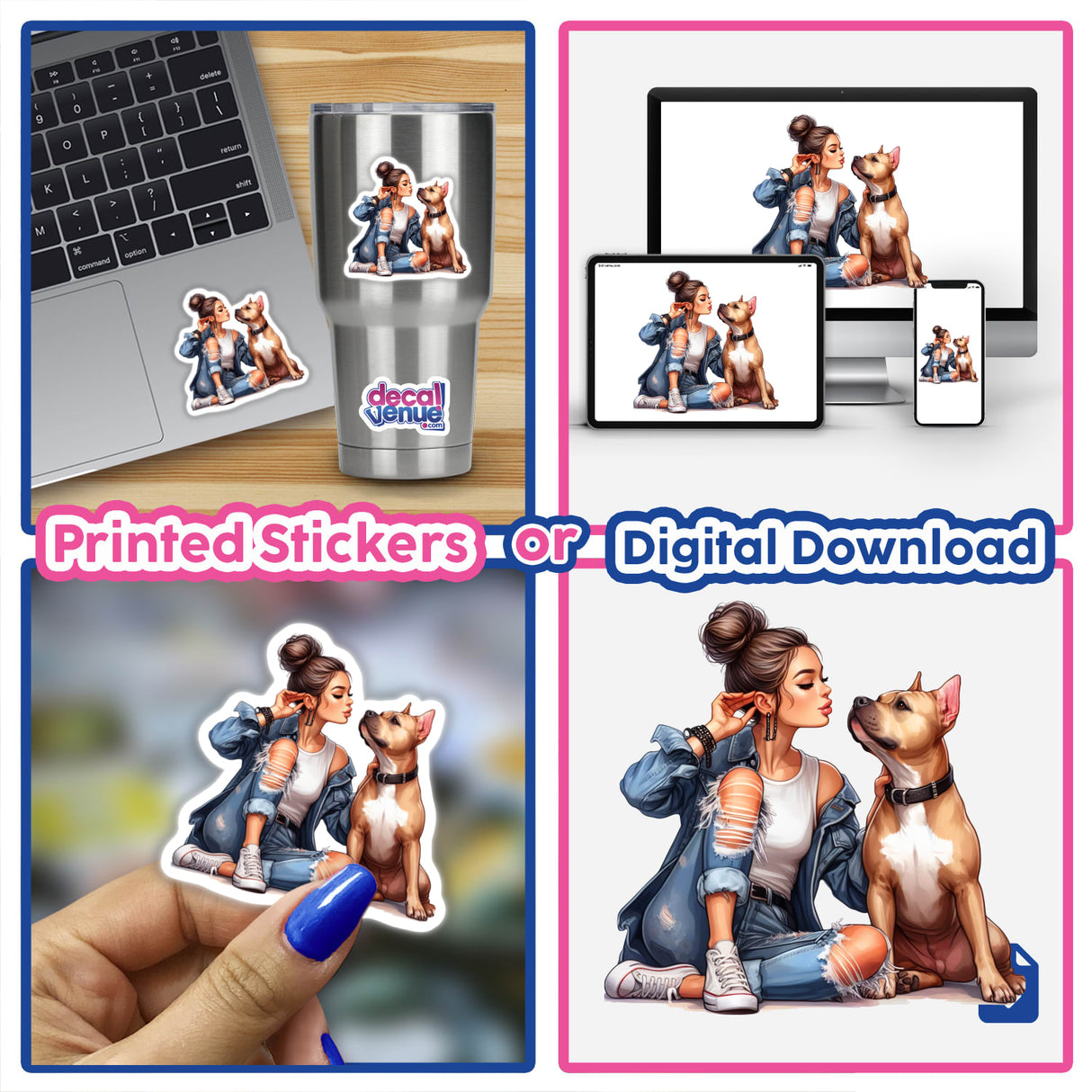 Stylized digital artwork featuring a woman posing with two dogs. The image shows the artwork in various formats, including printed stickers and digital downloads, showcasing its versatility. This creative design from Decal Venue allows customers to express their love for their pitbull pets.