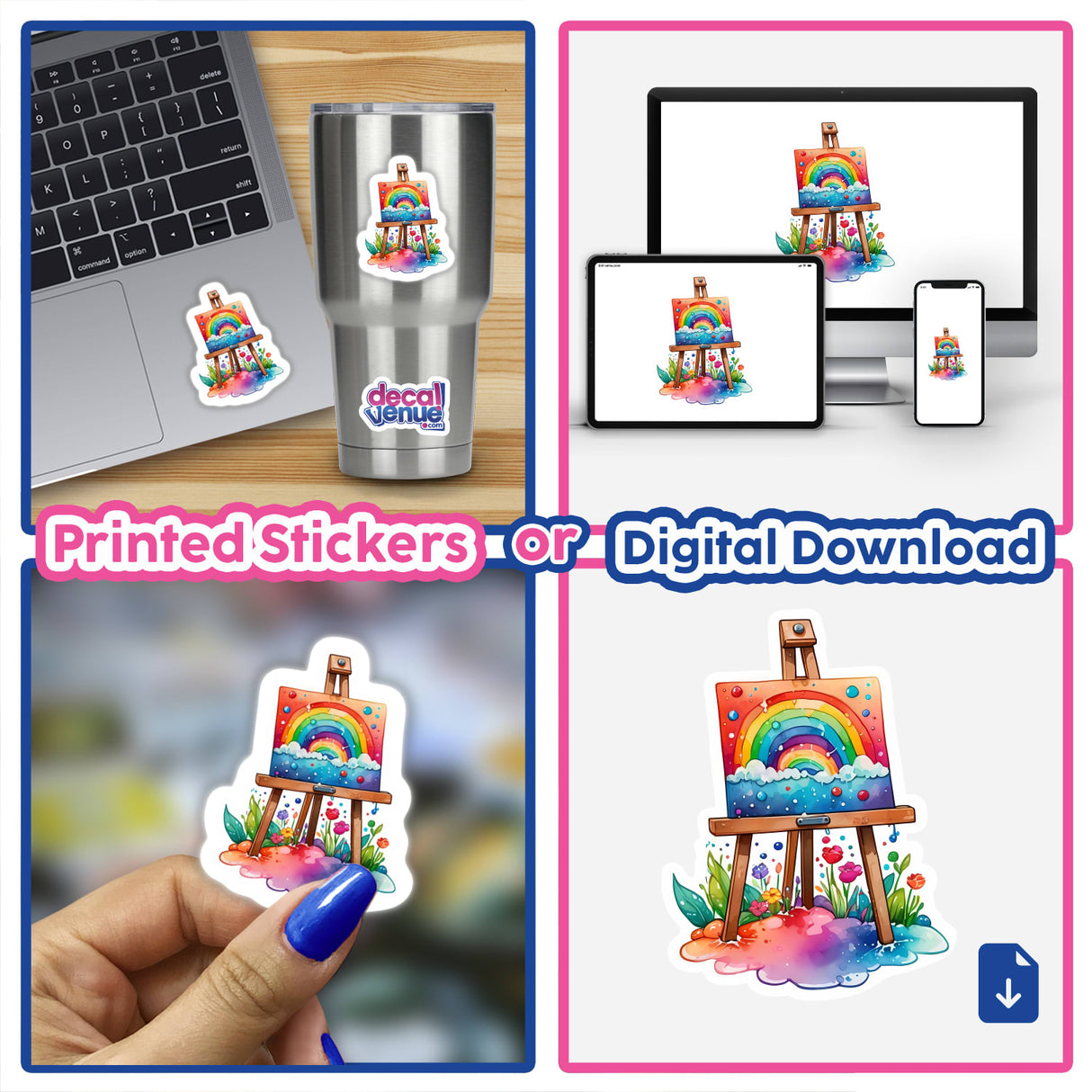 Easel and canvas featuring unique sticker designs, including a laptop with a sticker, a cup with a decal, and digital artwork options.