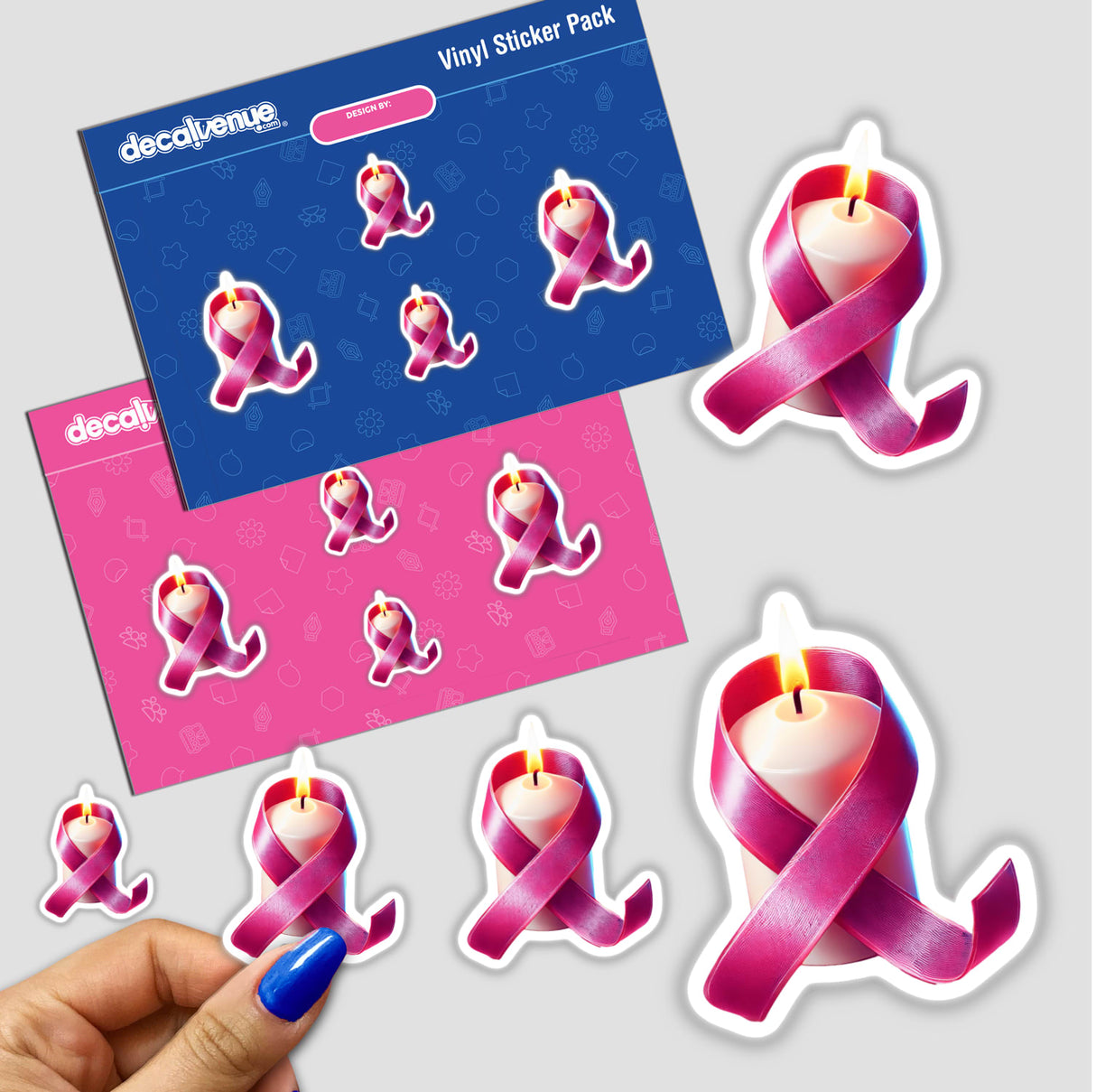 Pink Ribbon and Candle Breast Cancer Awareness sticker pack featuring a pink ribbon wrapping around a candle, available as stickers or digital artwork. Close-up details included.