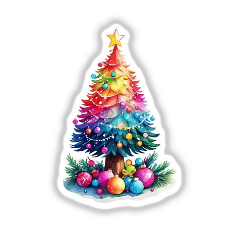 Rainbow-Colored Christmas Tree with Ornaments featuring various decorative elements, available as stickers or digital artwork from Decal Venue.