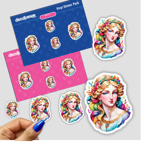 Sticker Design of Marble Statue of Aphrodite: Timeless Greek Art Aesthetic featuring a woman's face with colorful hair and flowers, available as stickers or digital artwork from Decal Venue.