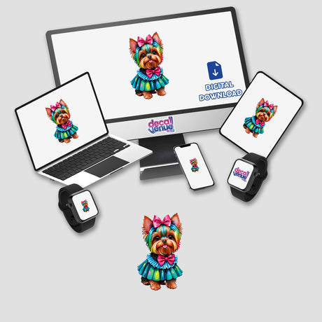 Yorkie Chic: Cute Dog in Rainbow Floral Dress displayed on a computer monitor and laptop, available as stickers or digital artwork from Decal Venue.