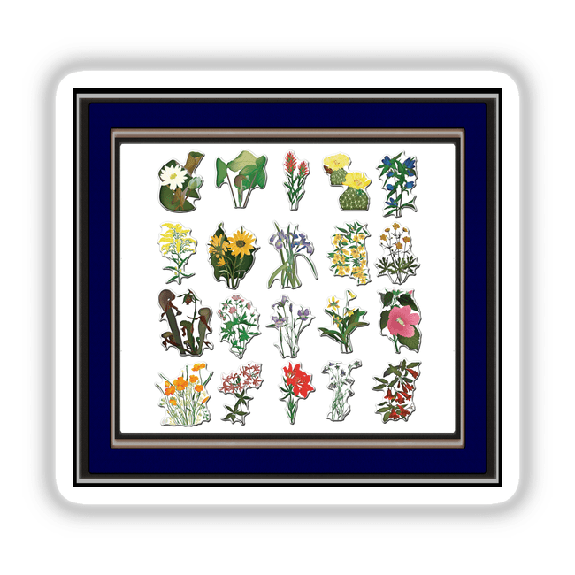 American Wild Flowers artwork featuring diverse floral close-ups, including sunflowers and cacti, framed as digital art or stickers, reflecting the unique offerings from Decal Venue.