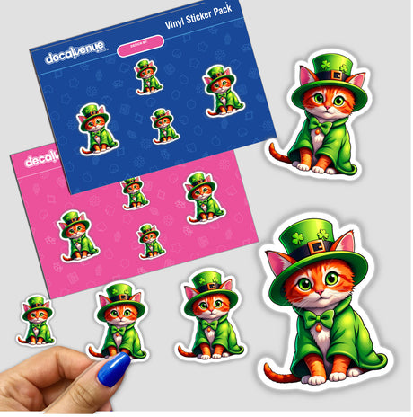 St. Patrick's Day Kitten sticker pack featuring cartoon cats adorned in green hats and capes, ideal for celebrating with unique stickers or digital art from Decal Venue.