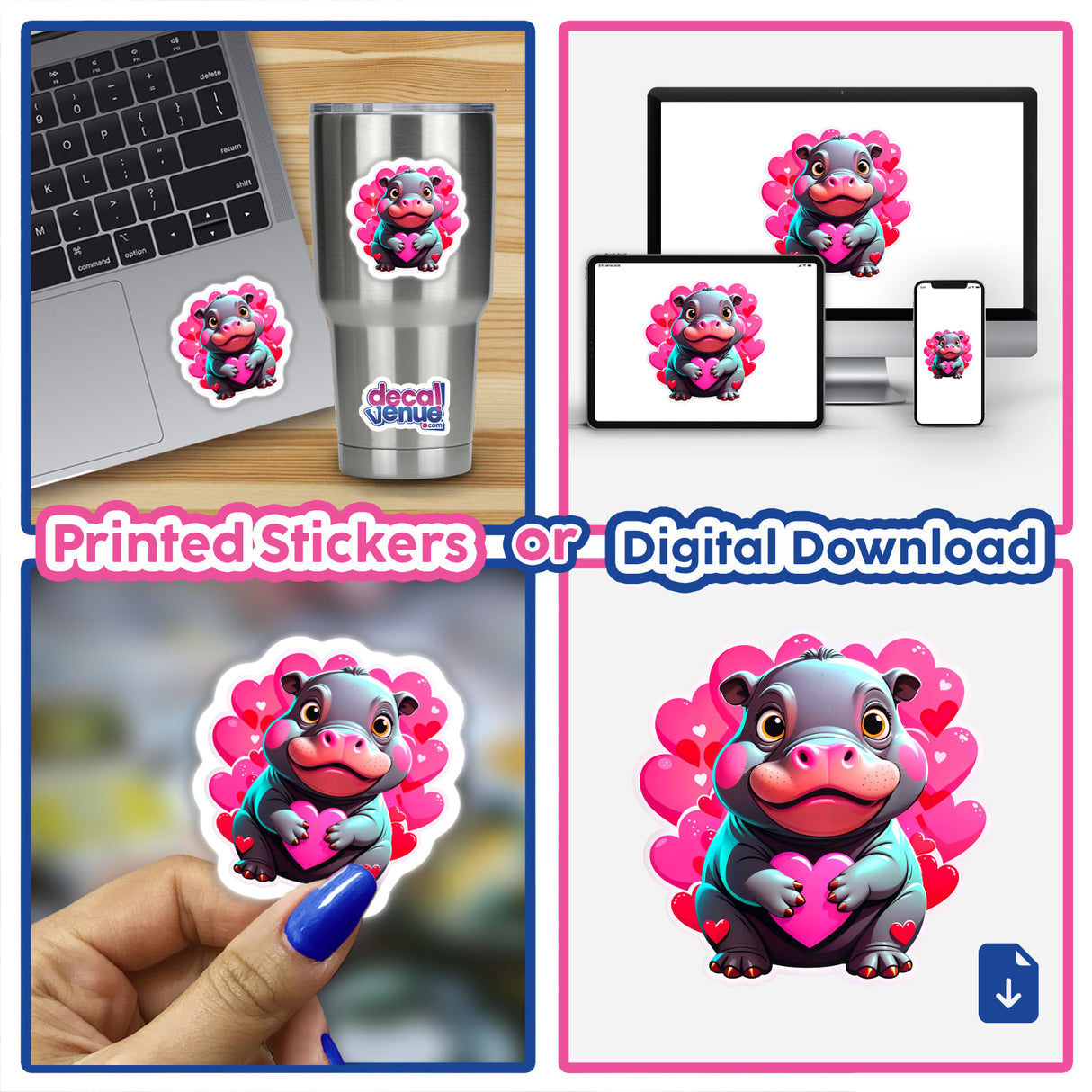 A collage showcasing A Cute Pygmy Hippo With Love Hearts as stickers and digital artwork, featuring cartoon hippos holding hearts, ideal for vinyl sticker enthusiasts and digital art collectors.