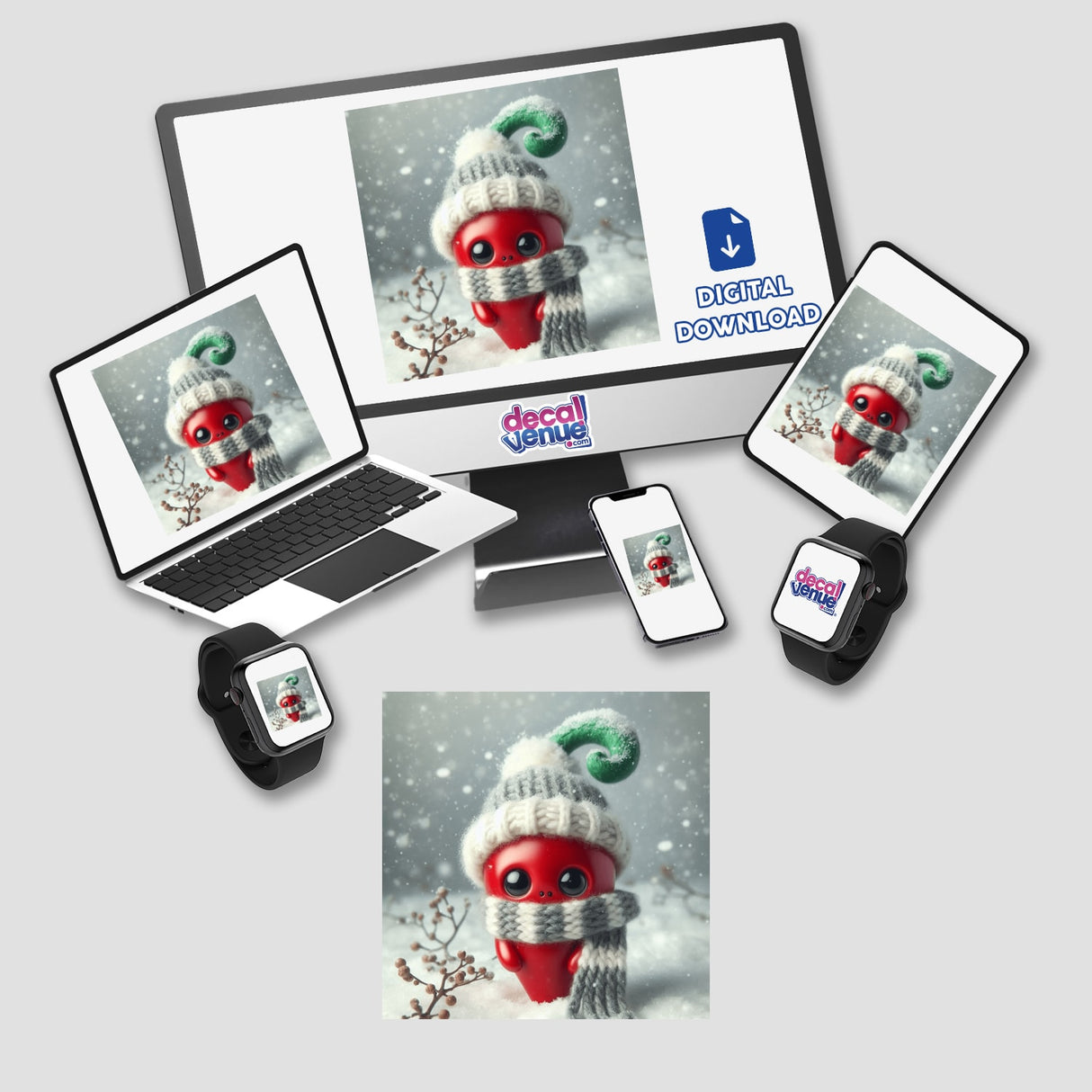 Chili Pepper character displayed on a laptop and monitor, available as vibrant stickers or digital artwork.