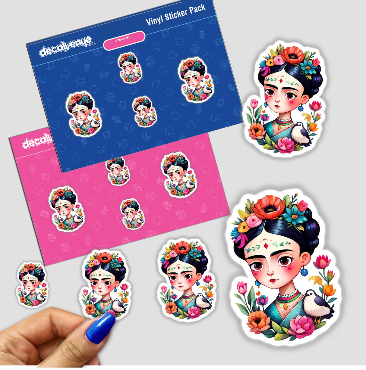 Frida-Inspired Floral Portrait Sticker - Vibrant Botanical Artistic Design, featuring a hand holding the sticker and various cartoon faces with floral elements. Available as stickers or digital artwork.