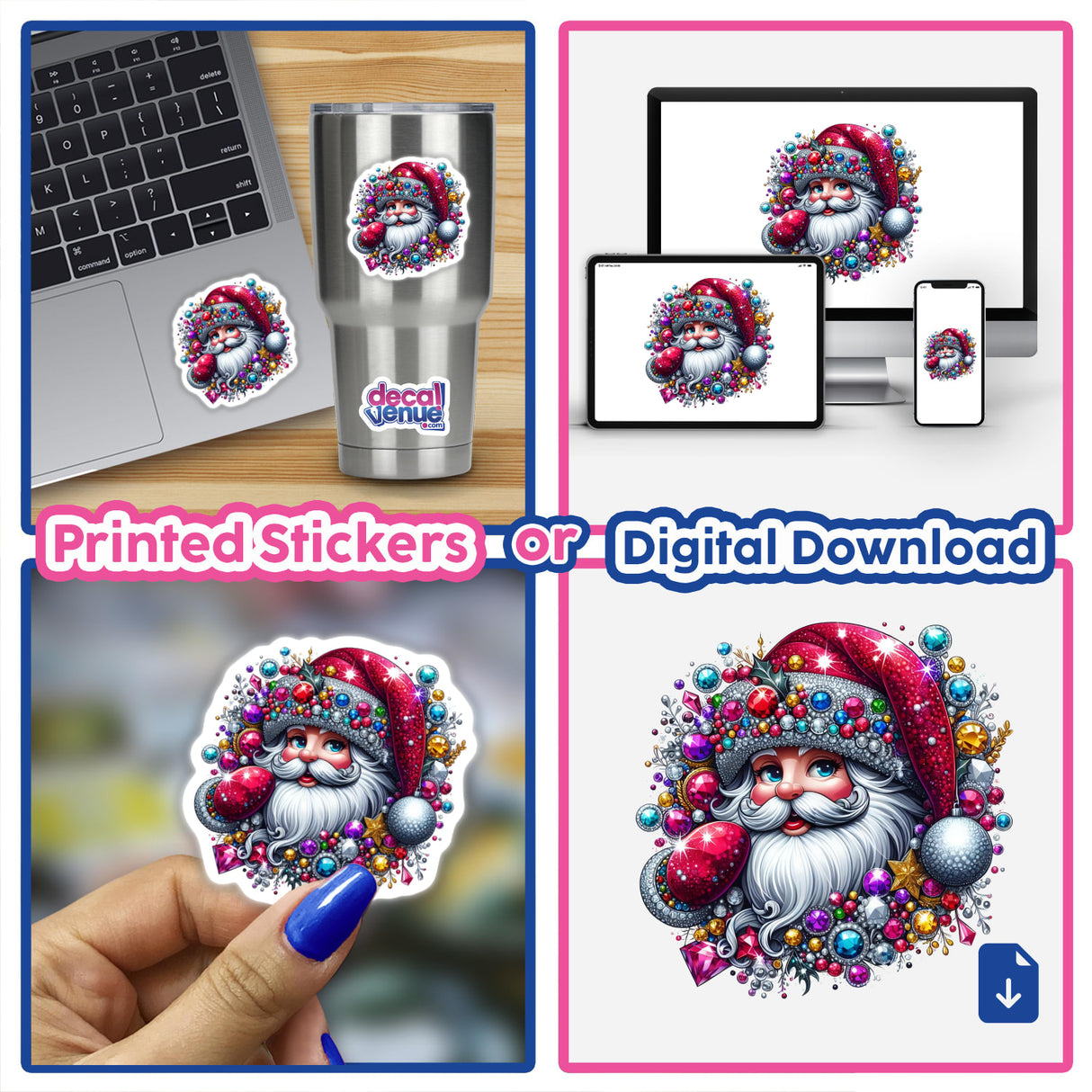 Colorful Christmas Jeweled Santa Claus Face stickers and digital artwork featuring various Santa illustrations on laptops and devices, embodying Decal Venue's unique creative spirit.