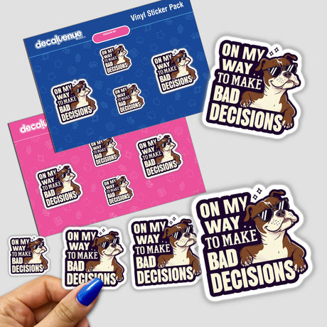 Sticker pack titled On My Way to Make Bad Decisions Pitbull featuring a cartoon pitbull wearing sunglasses, held in hand; available as stickers or digital artwork.