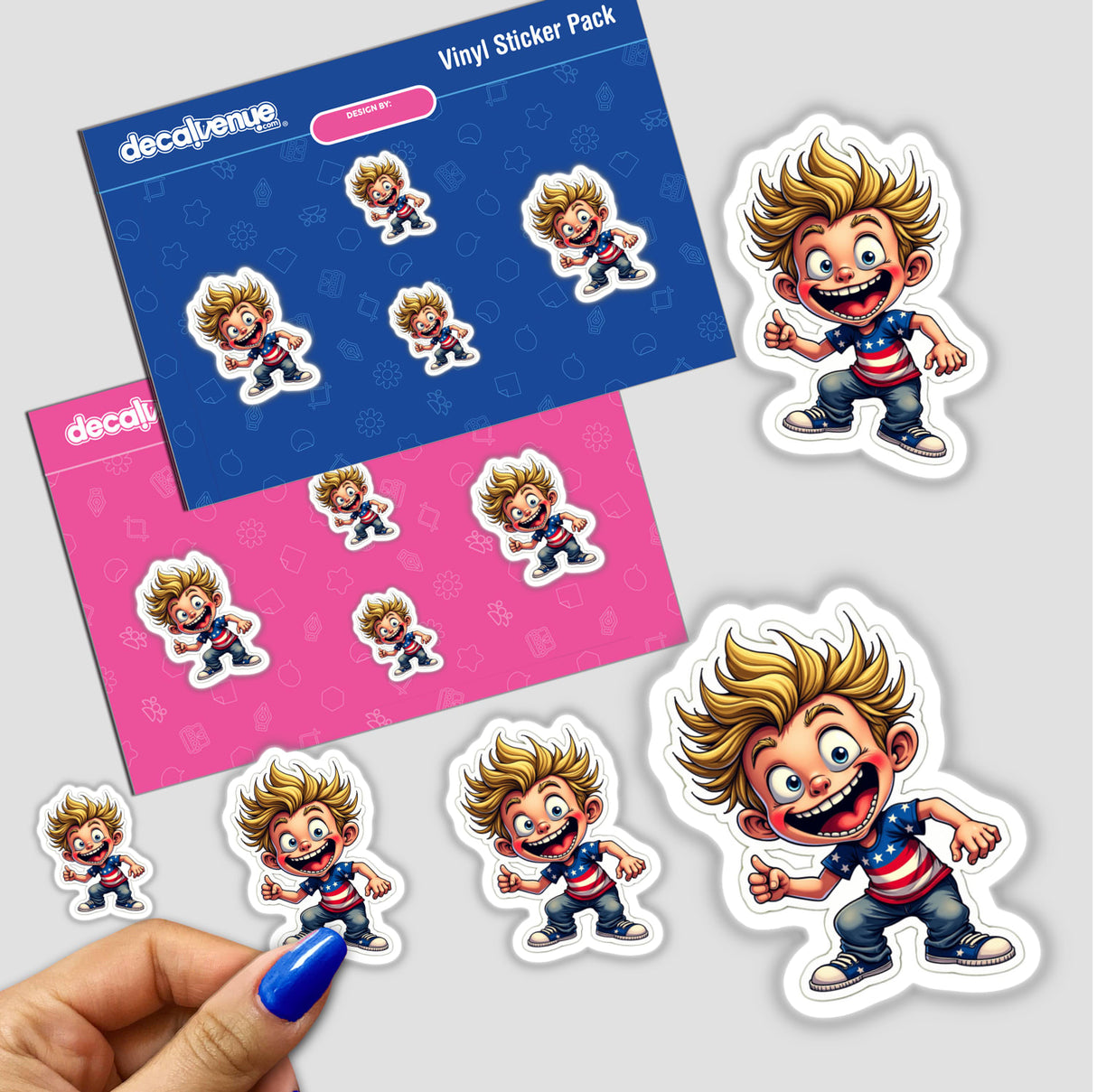 Sticker pack titled O Risadinha featuring various cartoon boys with big smiles, shown in close-up with a finger for scale. Available as stickers or digital artwork.