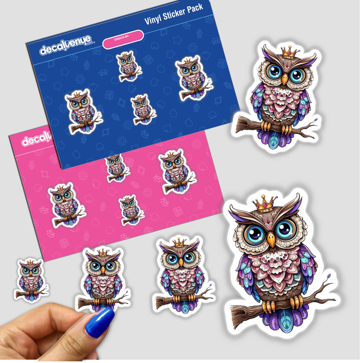 Regal Owl with Intricate Patterns and Crown on a Branch, featured in a sticker pack. The design highlights a cartoon owl adorned with a crown, showcasing unique vinyl art characteristic of Decal Venue.