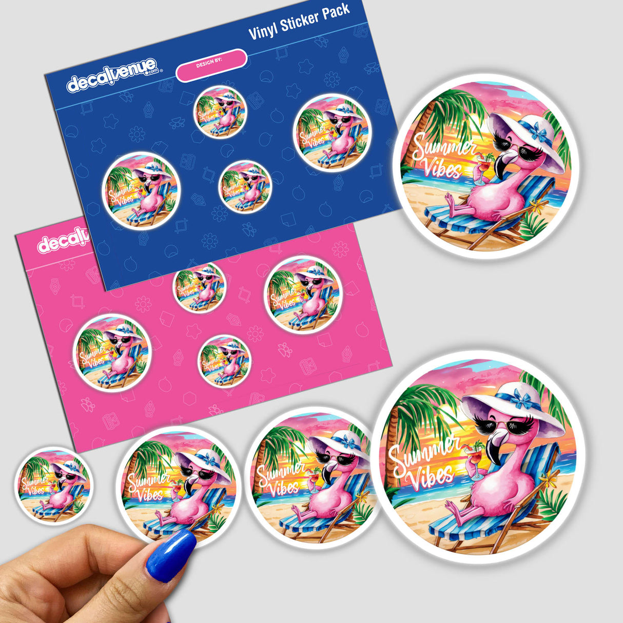 Colorful watercolor sticker pack with tropical flamingo designs, featuring a variety of round stickers depicting a relaxed flamingo bird surrounded by palm trees and vibrant summer vibes.