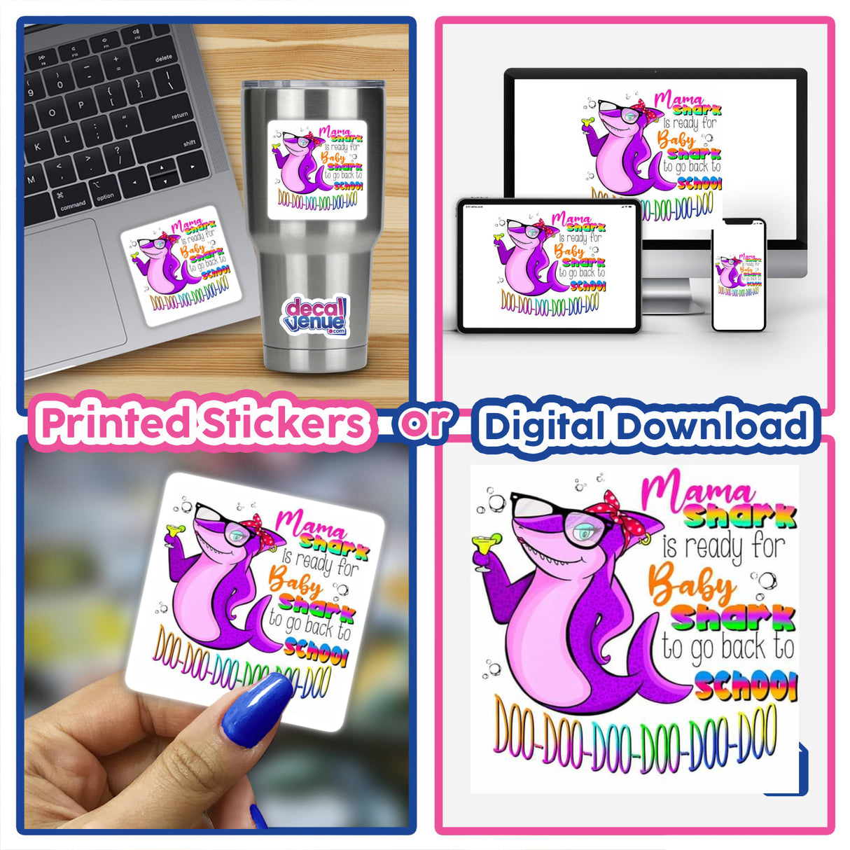 Collage of Back to School Series 8 stickers featuring a cartoon shark holding a drink, a laptop with a shark sticker, and a hand holding a shark sticker.