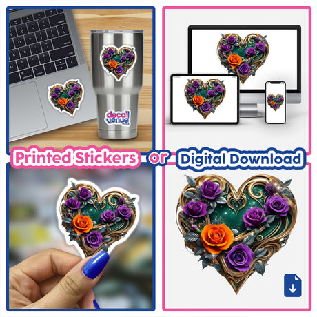 Golden Emerald Heart with Purple and Orange Roses depicted as a collage of vinyl stickers and digital artwork, featuring a heart adorned with flowers and leaves, suitable for laptops or fingernail decoration.