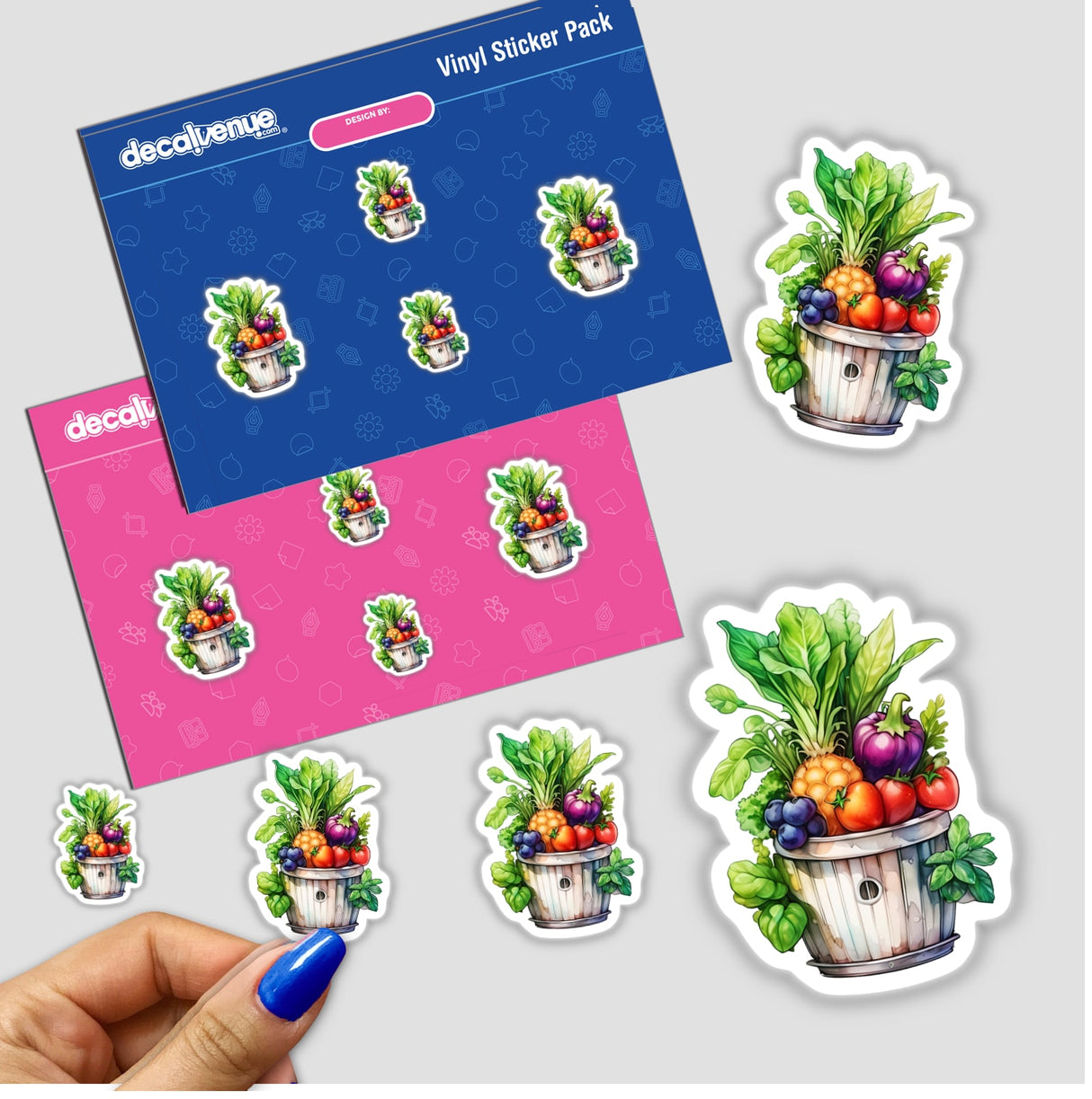 Hand holding a 'Colorful Vegetables in a Basket Sticker | Organic Farm Art', showcasing vibrant produce, available as stickers or digital artwork, reflecting Decal Venue's unique sticker and digital art offerings.