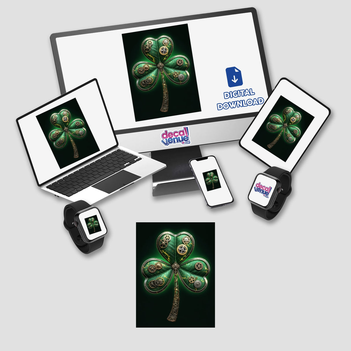 Steampunk Shamrock – Green Clover with Gears and Metal Accents displayed on a computer monitor and laptop, representing unique vinyl stickers or digital artwork from Decal Venue.