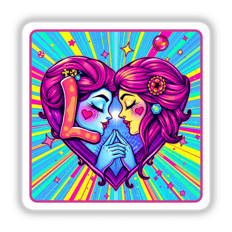 Couples in Love Series The Abstracts: A vibrant cartoon illustration of two women with pink hair, showcasing affection. Available as unique stickers or digital artwork from Decal Venue.