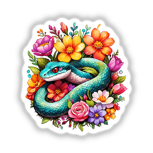 Serpentine Bloom: Snake Intertwined with Sparkling Flowers depicts a blue snake with red eyes surrounded by various detailed flowers, available as stickers or digital artwork.