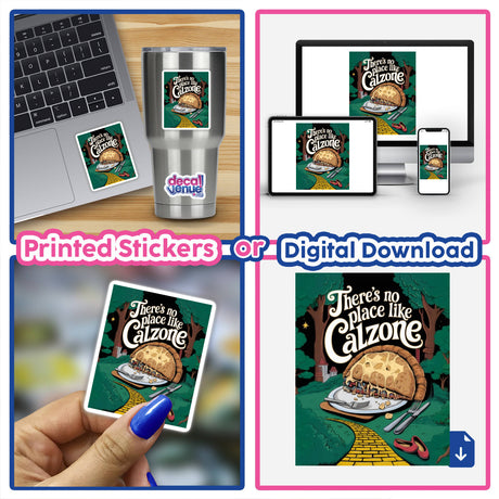 There’s No Place Like Calzone parody sticker featuring a cartoon taco on a laptop, blending humor and iconic movie lines, ideal for celebrating National Calzone Day with unique flair.