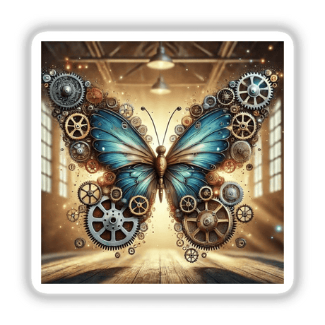 Mechanical Butterfly - Wings of Gears and Cogs: A butterfly crafted from intricate gears and cogs, available as stickers or digital artwork.