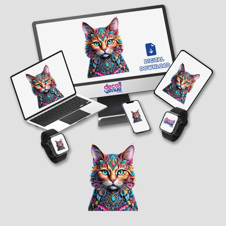 Vibrant digital artwork of a colorful cat portrait by PanzeeArt, showcased on various digital device mockups for the Decal Venue store.