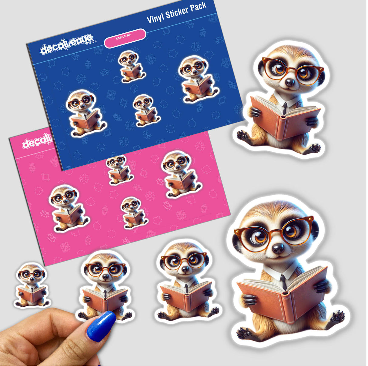 Sticker pack featuring 'Meerkat With Reading Glasses Open Book' cartoon, showcasing meerkats engaged in reading. Available as both stickers and digital artwork from Decal Venue.