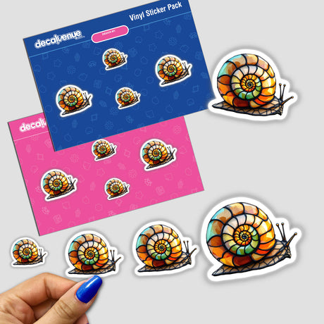 Snail Stained Glass Style sticker, featuring a colorful snail design, held by a hand. Part of Decal Venue's unique sticker collection, available as both physical stickers and digital artwork.