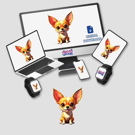 A Cute Chihuahua cartoon displayed on a computer monitor and laptop screen, available as stickers or digital artwork from Decal Venue.