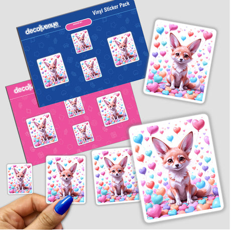 Cute Fennec Fox sticker featuring a cartoon fox with love hearts and balloons, emphasizing a playful design. Available from Decal Venue as stickers or digital artwork.