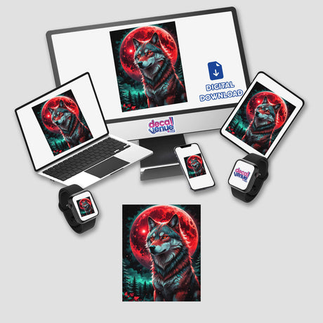 A Wolf In The Night With A Blood Moon depicted on computer screens, laptop, and smartwatch, showcasing the digital artwork and sticker options available at Decal Venue.